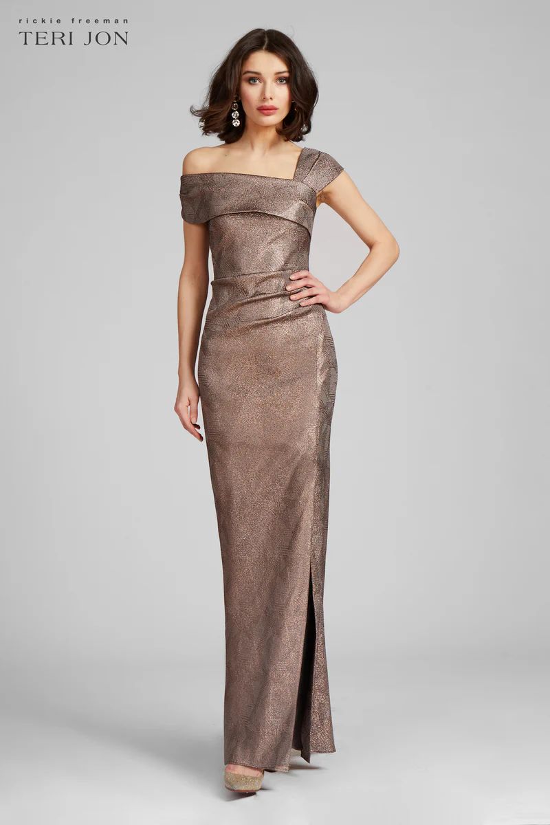 Metallic Jacquard Asymmetrical Shoulder Gown | TERIJON