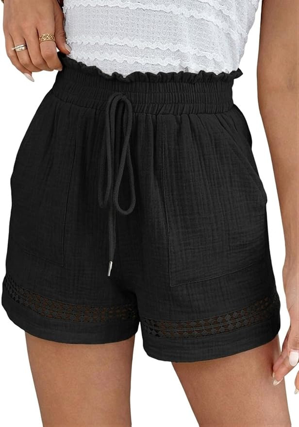 Shorts for Women Trendy Summer Cotton Shorts Pockets Boho Lace Trim | 100%Cotton,Elastic High Wai... | Amazon (US)
