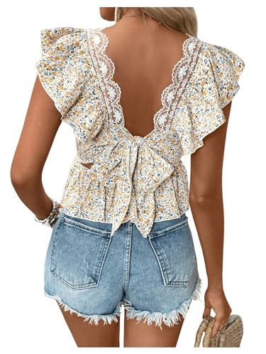 BEAUDRM Women's Floral Print Blouse Backless Bow Lace Square Neck Ruffle Cap Sleeve Top Summer Peplum Blouse Yellow Large | Amazon (US)