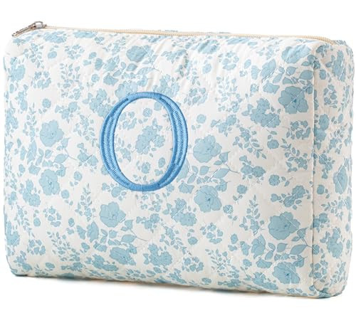 HBselect Initial Quilted Makeup Bag, Cotton Large Travel Makeup Bag, Cute Floral Coquette Make up Bag Cosmetic Bag Toiletry Bag for Women Girls O | Amazon (US)