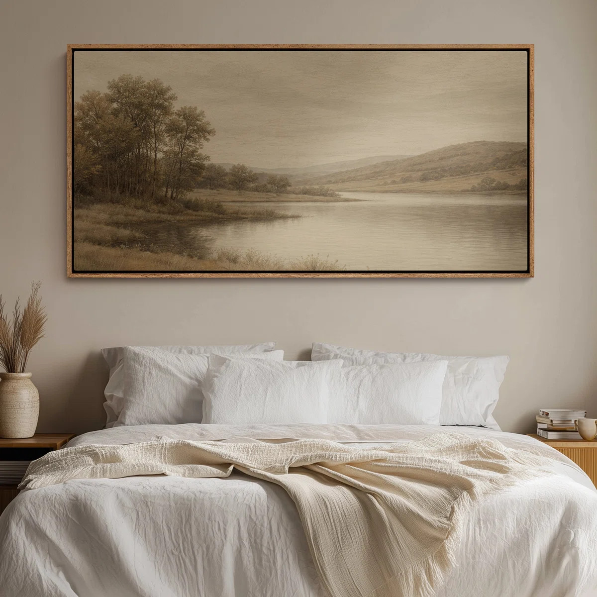 Framed Canvas Wall Art - Tranquil River Landscape with Trees and Rolling Hills in Warm Neutrals -... | Wayfair North America