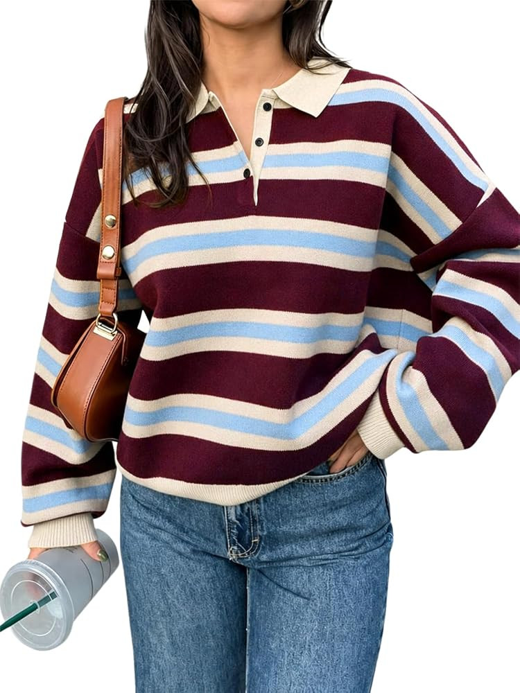 Tankaneo Sweaters for Women Striped Polo Sweater Casual Pullover Knit Tops | Amazon (US)