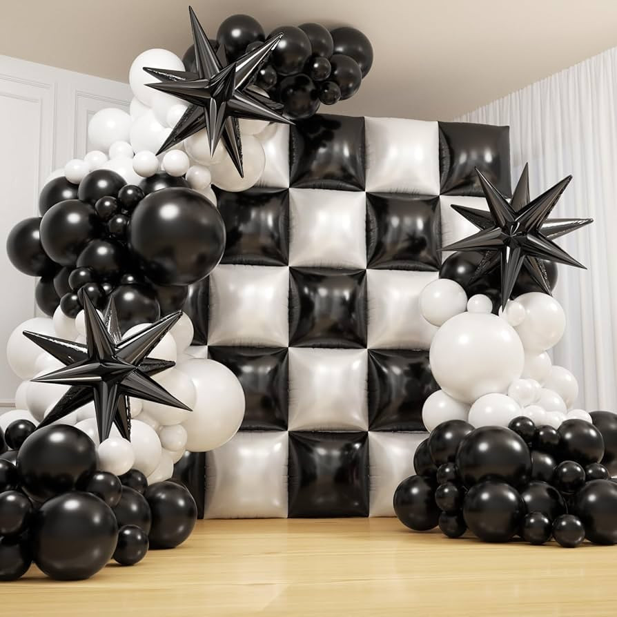 Black and White Checkered Square Foil Balloons Backdrop Wall, Double Sided Tunnel with Black Whit... | Amazon (US)