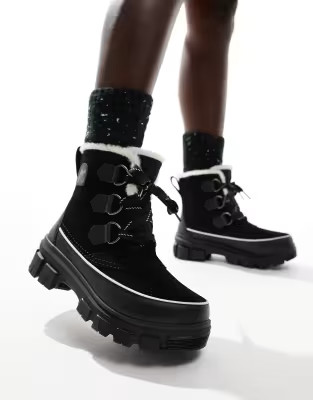 Sorel Torino V WP waterproof fleece lined faux fur leather snow boots in black and fawn | ASOS (Global)