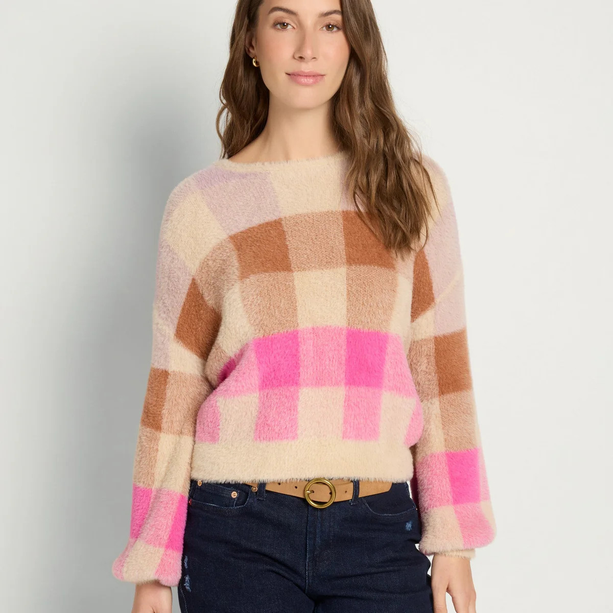 Eyelash Plaid Sweater - Soft Knit Relaxed Fit Pullover | Seventy Eight and Sunny