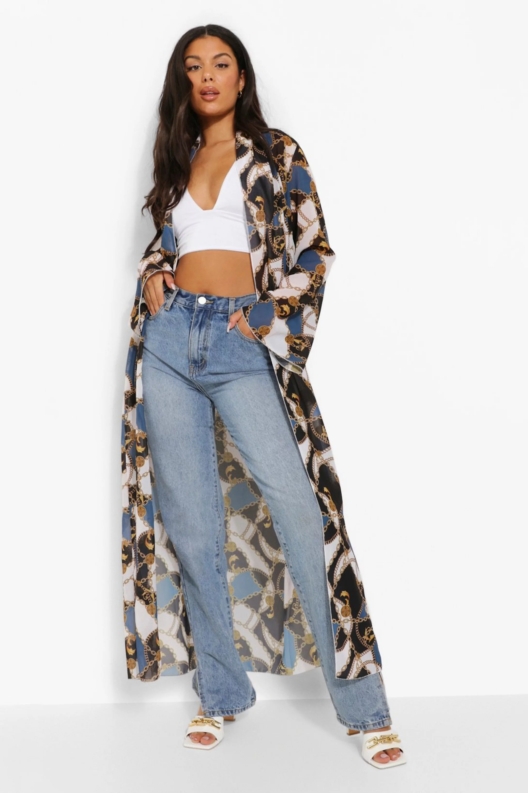 Chain Print Woven Maxi Kimono | Boohoo.com (US & CA)