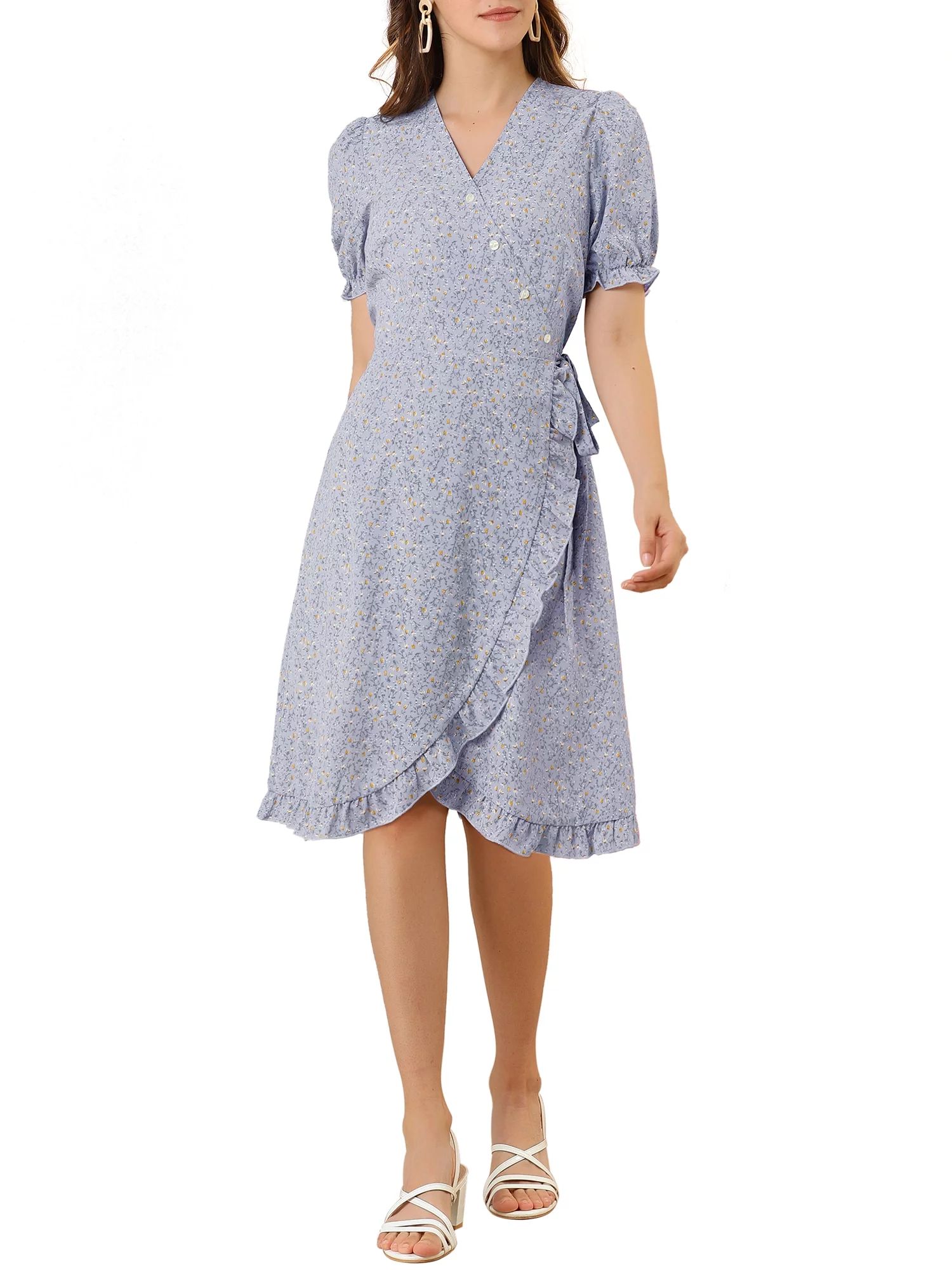 Allegra K Women's V Neck Puff Sleeve Ruffle Hem Midi Floral Wrap Dress | Walmart (US)