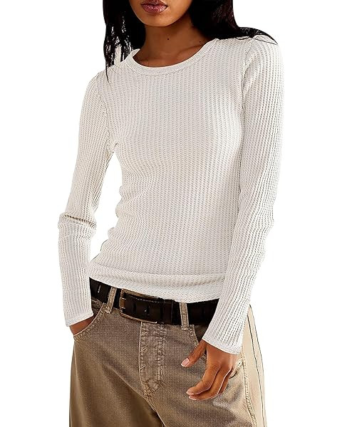 Women's Waffle Knit Tops Long Sleeve Shirts Casual Slim Fitted Crew Neck Pullover Shirts | Amazon (US)