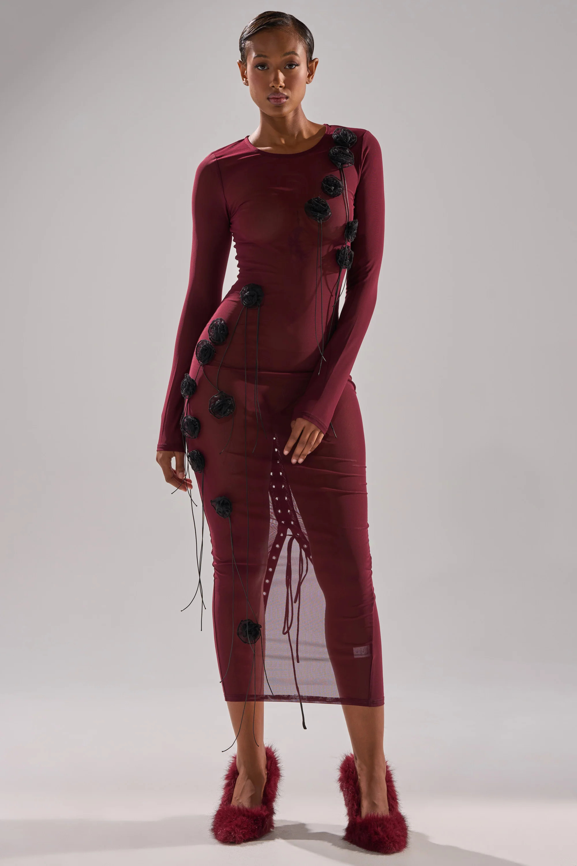 OBVIOUSLY MESH MIDI DRESS IN BURGUNDY | AKIRA