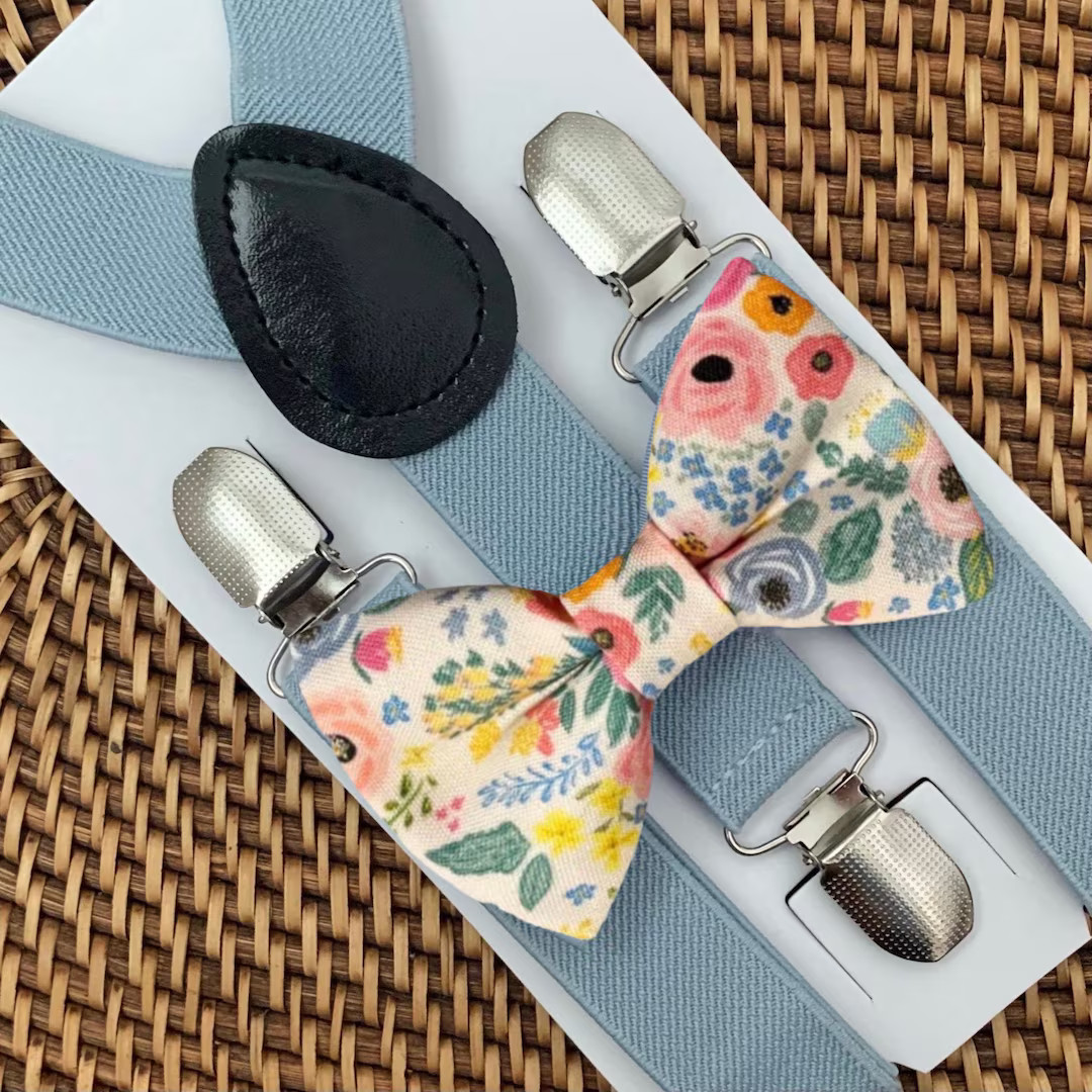 Floral Bow Tie & Dusty Blue Suspenders, Easter Bowtie, Bow Ties for Men, Ring Bearer Outfit, Flor... | Etsy (US)