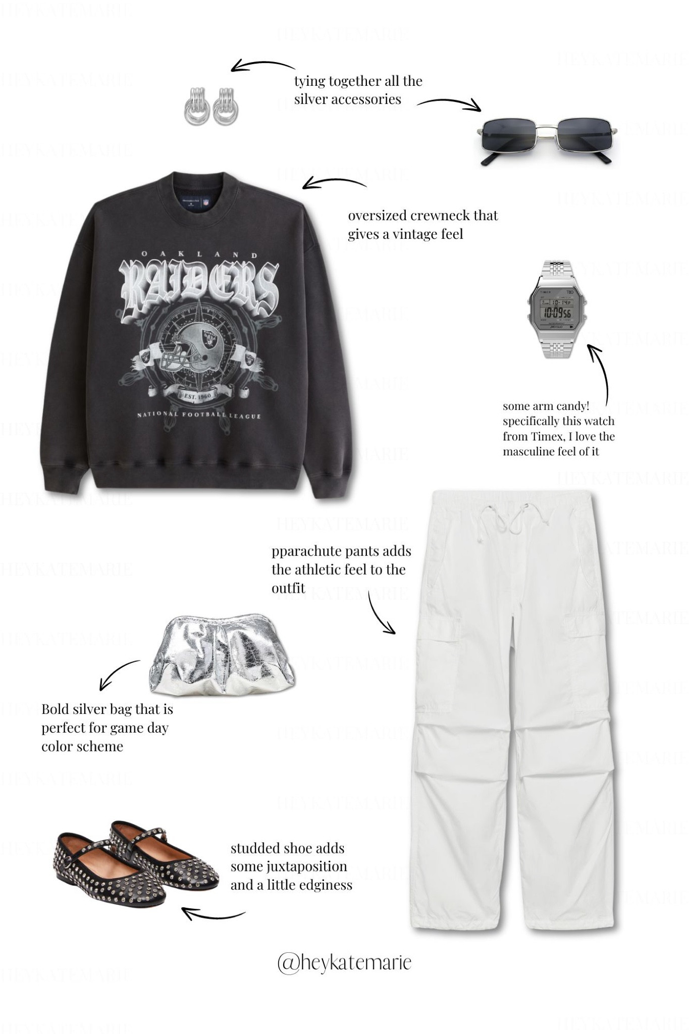 Las Vegas Raiders Game Day Outfit Inspo ft. Abercrombies NFL crewneck, Aritzia White parachute pants and silver accessories including studded ballet flats


#gameday #footballseason #raidersnation #silveraccessories #statementearrings #silverclutch 

#LTKSeasonal #LTKFindsUnder100 #LTKStyleTip