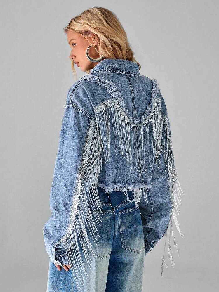 TRNVIE Women's Fashionable Sequin & Tassel Decorated Denim Jacket, Autumn | SHEIN