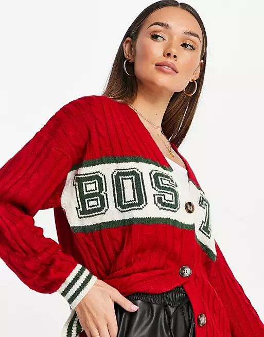 Topshop knitted Boston varsity cardi in red | ASOS (Global)