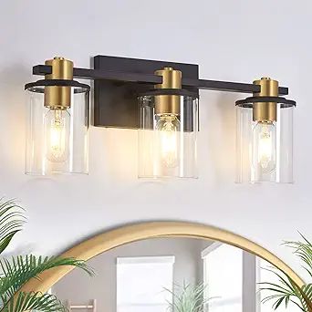 3 Light Bathroom Vanity Light, Black and Gold Bathroom Light Fixtures, Sconces Wall Lighting with... | Amazon (US)