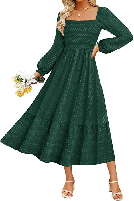 RITERA Plus Size Fall Dresses for Curvy Women Maxi Wedding Guest Long Sleeve Smocked Swiss Dot Wi... | Amazon (US)