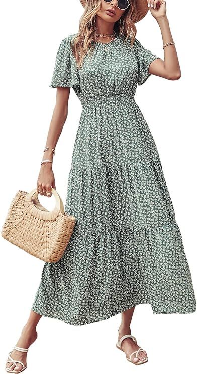 PRETTYGARDEN Women Short Sleeve Crew Neck Smocked Elastic Waist Tiered Maxi Dress Summer Boho Flo... | Amazon (US)