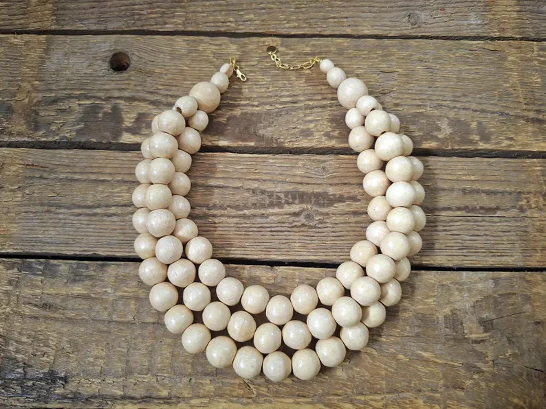 Wooden three-row beaded necklace 17 inch inner, Statement Wood bead necklace, Neutral color, Eco ... | Etsy (Global)