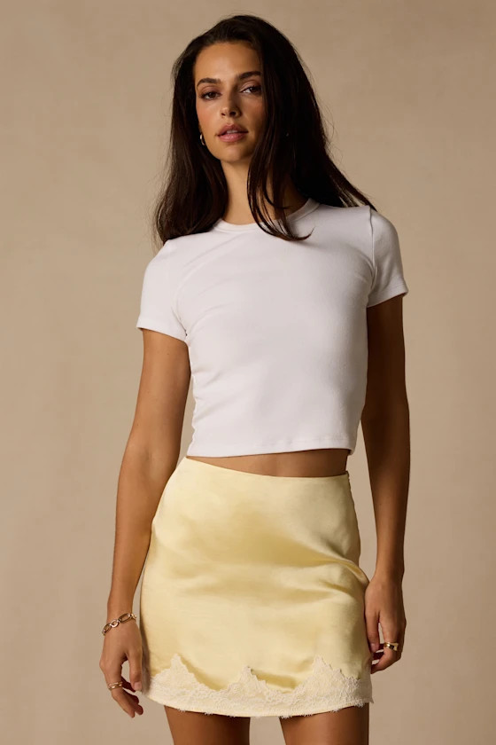 Rosemary Light Yellow Satin Lace Mini Skirt | Lulus
