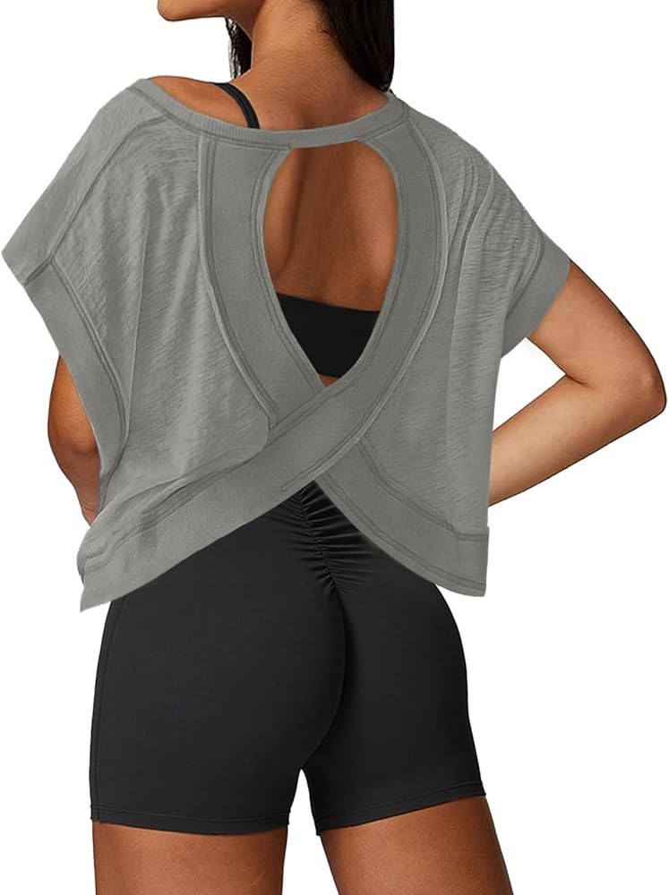 UNIANKIYA Open Back Workout Tops for Women Loose Fit Athletic Crop Tee Short Sleeve Gym Running Y... | Amazon (US)