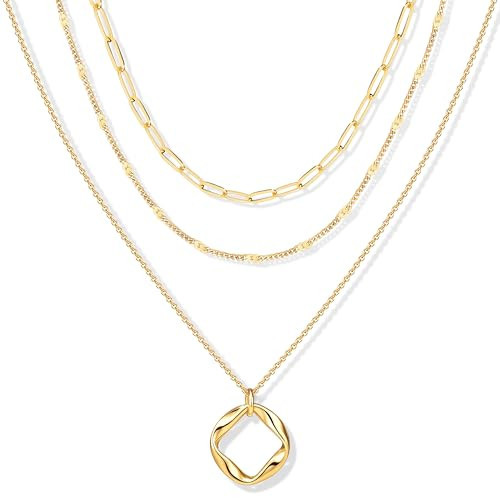 Layered Gold Necklaces for Women,14k Gold Plated Dainty Stackable Choker Necklaces for Women Trendy Layering Geometric Pendant Paperclip Dot Chain Necklace Set Jewelry Set Gifts | Amazon (US)
