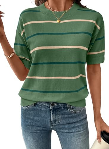 SHEWIN Womens Sweaters Crew Neck Short Sleeve Sweater for Women Lightweight Striped Womens Tops Pullover Summer Tops for Women,(US 4-6) S,Green | Amazon (US)