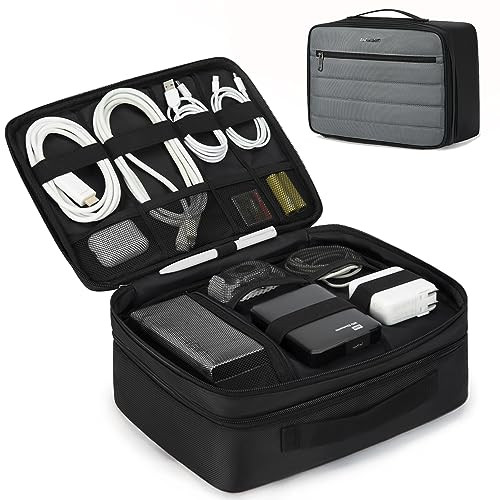 BAGSMART Electronics Travel Organizer Double Layer Charger Organizer Bag Large Tech Organizer Pouch Portable Electronics Accessories Case Cord Storage Bag with Handle for Tablet, Earphone, Grey | Amazon (US)