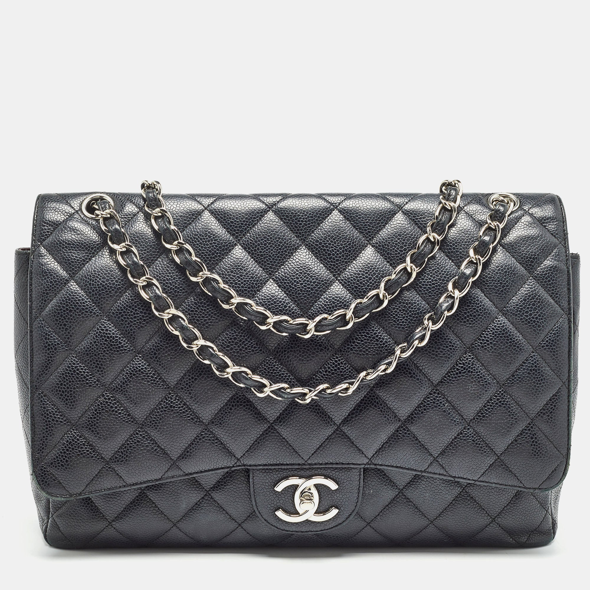 Chanel Black Quilted Caviar Leather Maxi Classic Double Flap Bag | Shop Simon