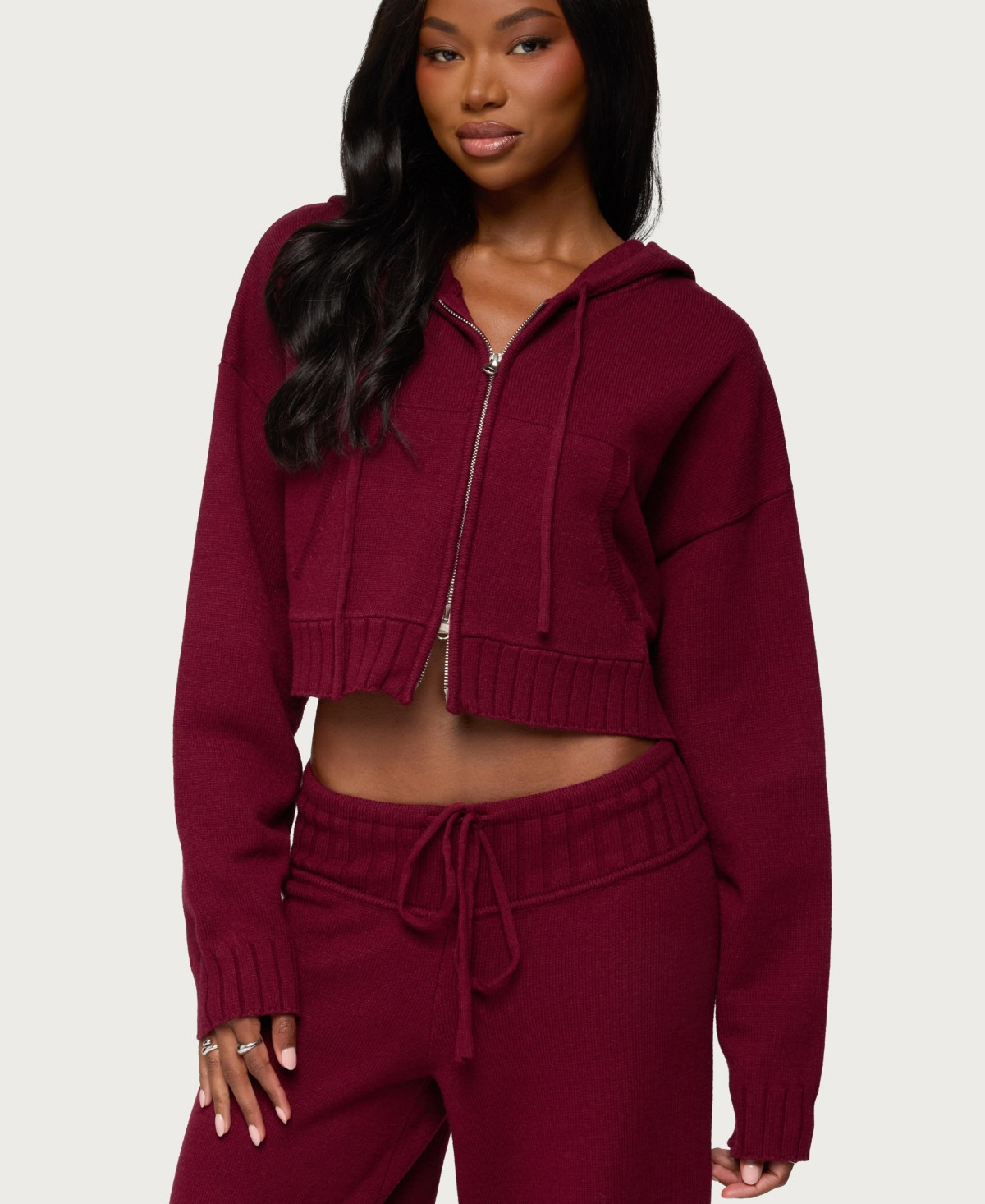 Edikted Women's Russell Knit Hooded Cardigan - Burgundy | Macy's