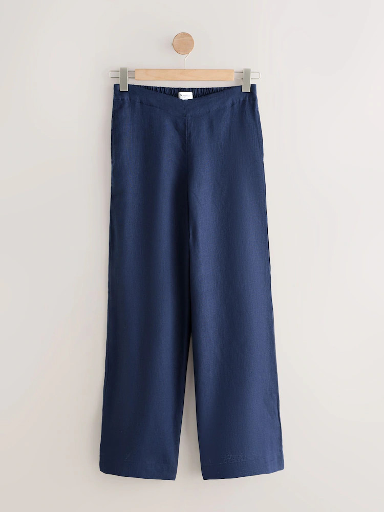 Navy Blue 100% Linen Wide Leg Trousers | Next EU