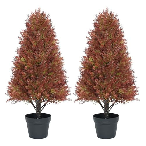 Aoutyers 30" Artificial Cedar Plants Outdoor Set of 2, UV-Resistant Fall Topiary Trees Fake Bushes, Realistic Faux Potted Shrubs for Outdoor Planters Front Porch Patio Yard Autumn Decor | Amazon (US)