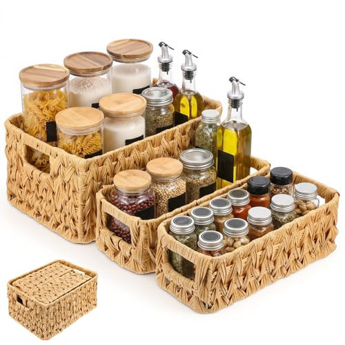 3 Pcs Plastic Water Hyacinth Wicker Baskets, 2 Sizes Large Rectangular Woven Storage Baskets with Handles for Home Organizing | Amazon (US)