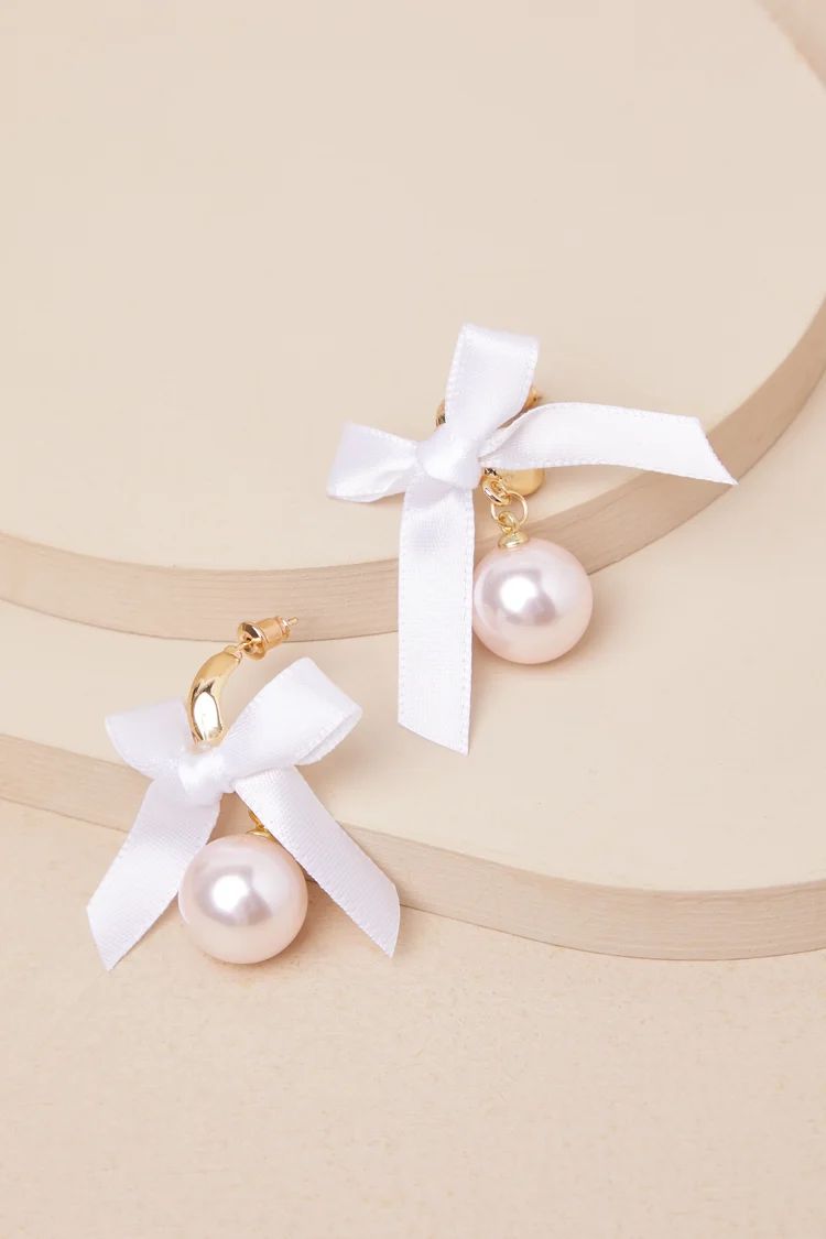 Em 14KT Gold and White Bow Pearl Huggie Hoop Earrings | Lulus