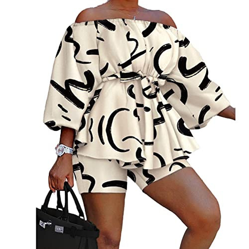 2 Piece Outfits for Women Off Shoulder Puff Sleeve Blouse Tops High Waisted Bodycon Shorts Set Khaki | Amazon (US)