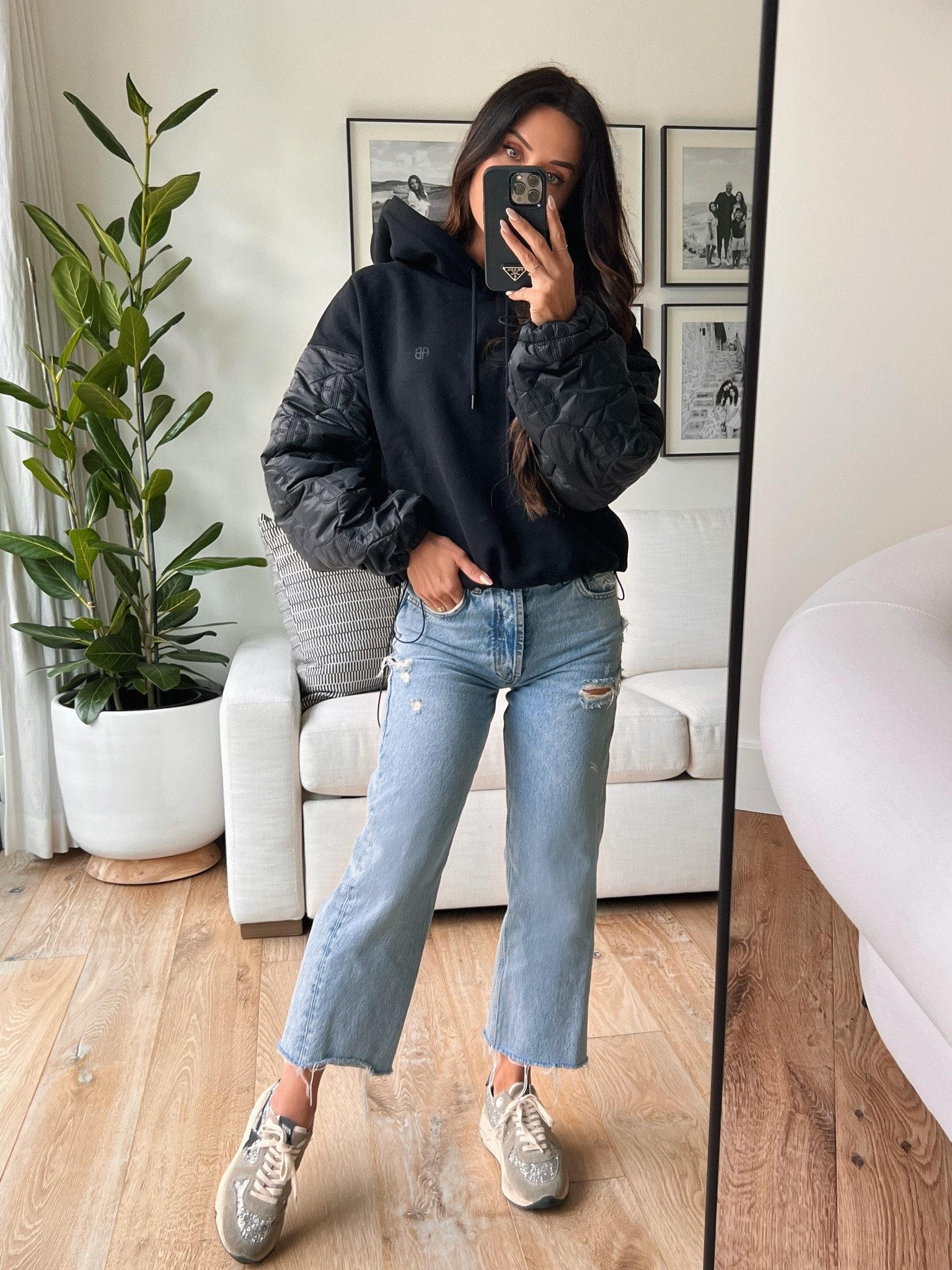 Mom casual in my go to denim, golden goose sneakers and new favorite sweatshirt 