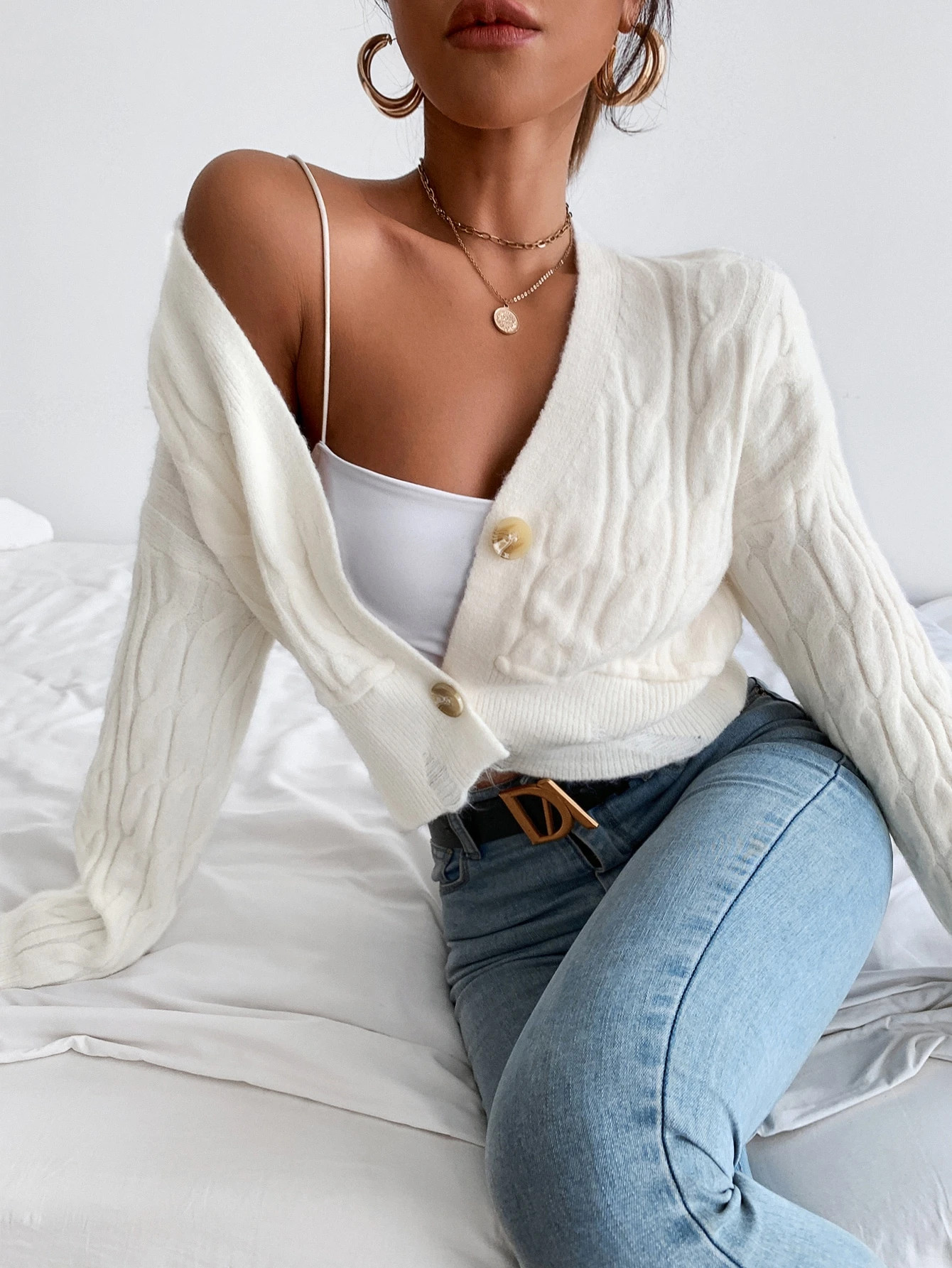 Cable Knit Drop Shoulder Crop Cardigan | SHEIN