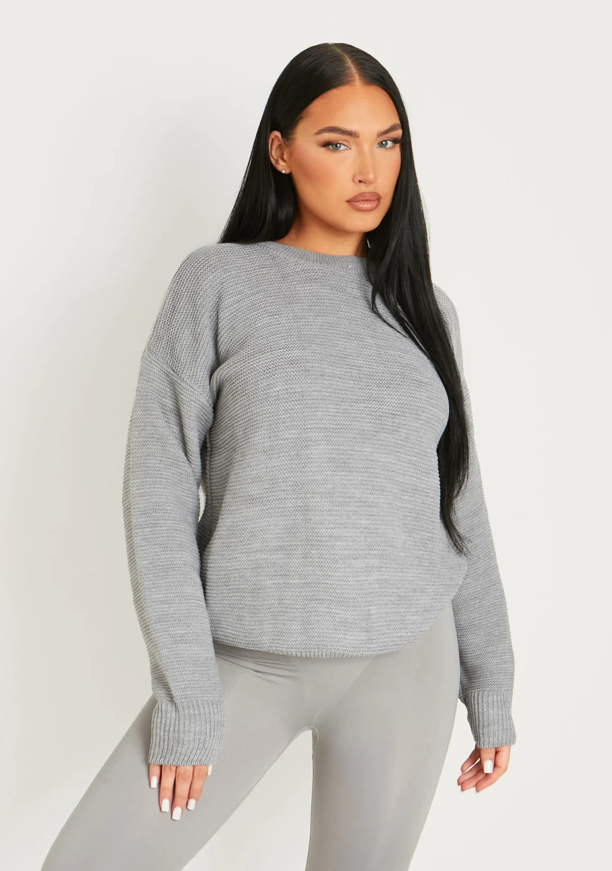 Kara Grey Ribbed Loose Fit Knitted Crew Neck Jumper | Missy Empire | Missy Empire (UK)