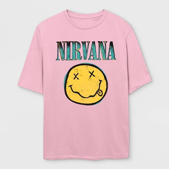 Women's Nirvana Smiley Face Logo Short Sleeve Cropped Oversized Graphic T-Shirt - Pink | Target