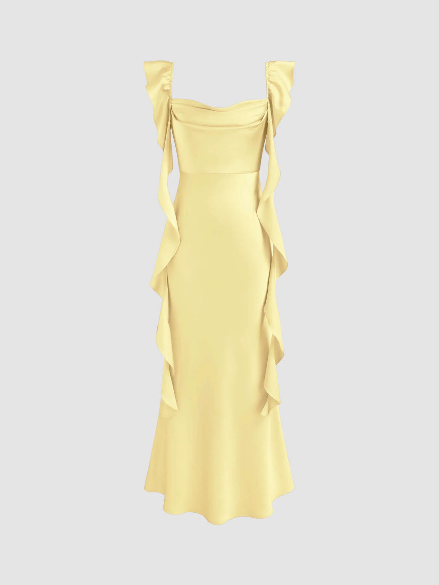Satin Cowl Neck Solid Ruffle Hem Maxi Dress | Cider
