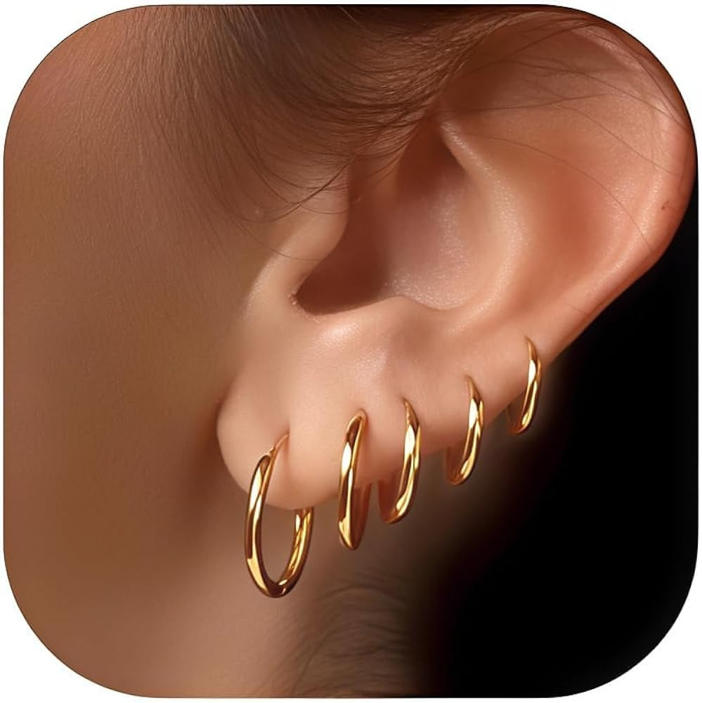 5 Pairs 14K Gold Plated Huggie Hoop Earrings for Women - Lightweight Minimalist Small Hoops, Hypo... | Amazon (US)