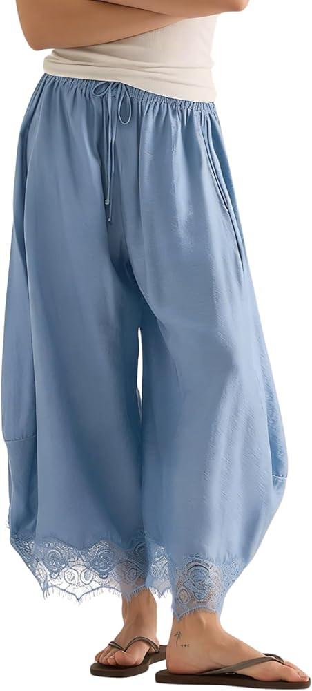Gozoloma Women's Cropped Lace-Hem Pants Wide Leg Palazzo Pants with Pockets Casual Flowy Summer T... | Amazon (US)