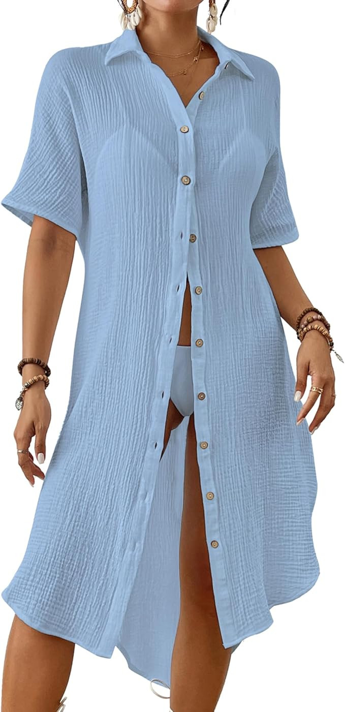 Bsubseach 2025 Cotton Beach Cover Up for Women - Long Button Down Swimsuit Coverup Bathing Suit S... | Amazon (US)