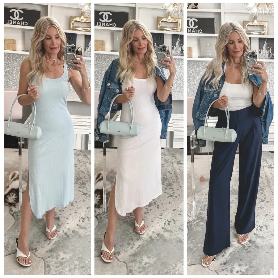 Three fabulous looks from Nordstrom Rack and honestly… the finds are SO good lately. 🙌✨ Look 1: This baby blue fitted mini dress is such a winner for summer. I love the color, the fit, and the fact that it’s comfortable, easy, and wrinkle-free. Paired it with this gorgeous baby blue East-West handbag that looks so designer but is under $100 👏 and these fabulous white Dolce Vita kitten heels that are the perfect summer staple. Look 2: This white ribbed tank midi dress is one of those effortless pieces you can throw on and instantly look put together. I topped it off with a denim jacket and absolutely love this chic casual vibe. Look 3: For a more casual everyday look, these navy blue trouser pants by Beyond Yoga are incredible. They have an elastic waist, pockets, and are wrinkle-free, which makes them perfect for travel too. Styled them with the same denim jacket and a simple white tank for an easy polished look. Seriously, Nordstrom Rack has so many amazing finds right now. Linked everything for y’all! Everything runs true to size — I’m wearing an XS in both dresses, the pants, and the denim jacket. 💙 #RackScore 

 

#LTKdayinmylife #LTKootd #LTKgrwm