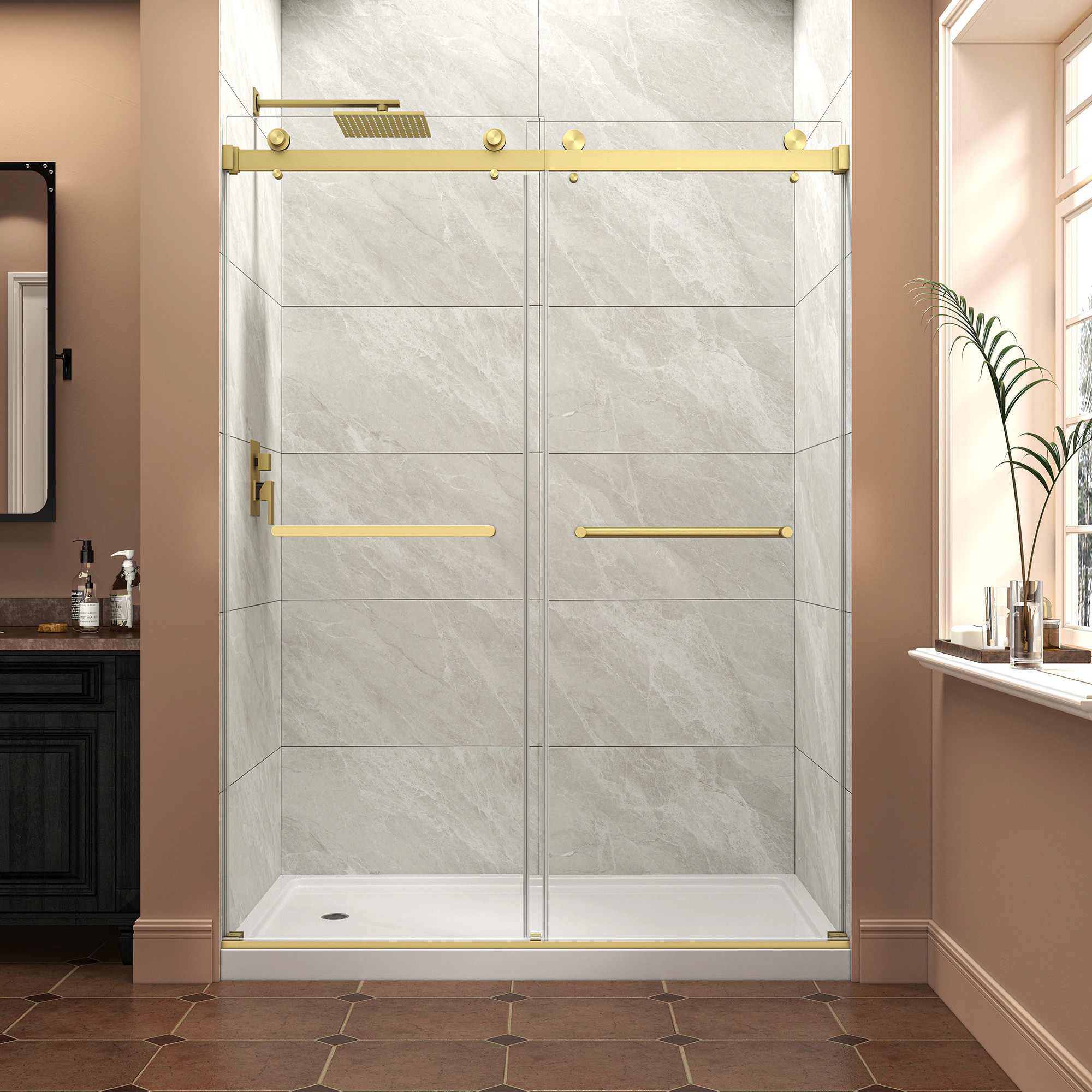 CASAINC Brushed Gold 55-in to 60-in W x 76-in H Frameless Clear Glass Bypass Sliding Soft Close Shower door one_size | CA-BF00005 | Lowe's
