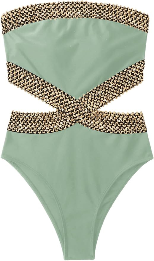 Milumia Women's Stitch Detail Strapless One Piece Swimsuit Cut Out Bandeau Bathing Suit | Amazon (US)