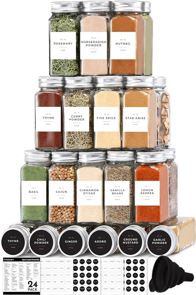 Glass Spice Jars with Label and Organizer - Minimalist Collection - Clear Empty 4 oz Spice Jars w... | Amazon (US)