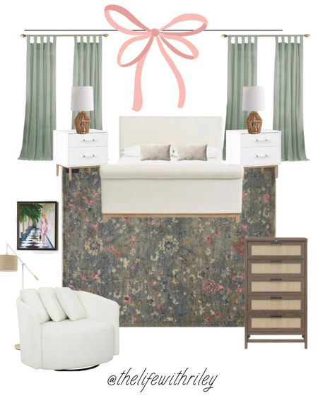 Cozy serene primary bedroom 

Bedroom, primary bedroom, calming bedroom, green curtains, green rug, floral rug, white side table, rattan lamp, cat walk art, reading chair, tall dresser, sleigh bed, white bed, fabric headboard, side table, home decor, classic home decor 

#LTKhome #LTKstyletip