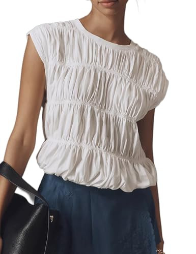 Bell Princess Womens Tiered Shirred Smocked Crop Tank Top Cap Sleeve Crew Neck Elastic Hem Y2K Go... | Amazon (US)