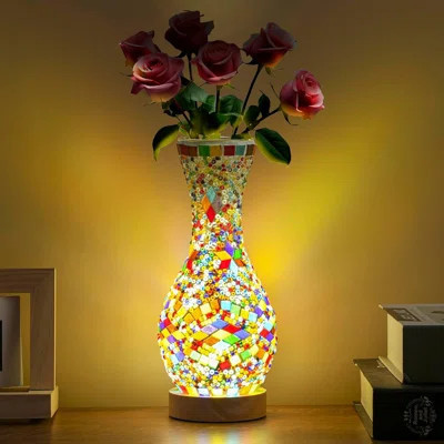 Turkish Moroccan Table Lamp, Mosaic Vase Lamp, Colorful Handmade Glass Vase with Wood Base for Flowers, USB Power for Living Room or Bedroom Decoratio | Wayfair North America