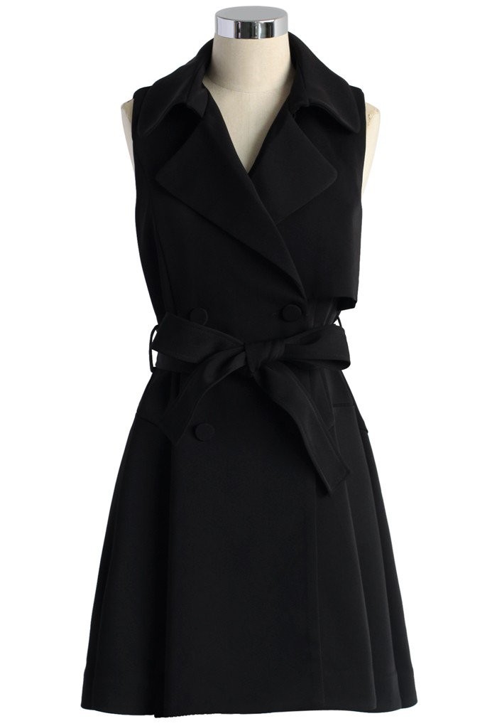 Belted Sleeveless Trench Coat in Black | Chicwish