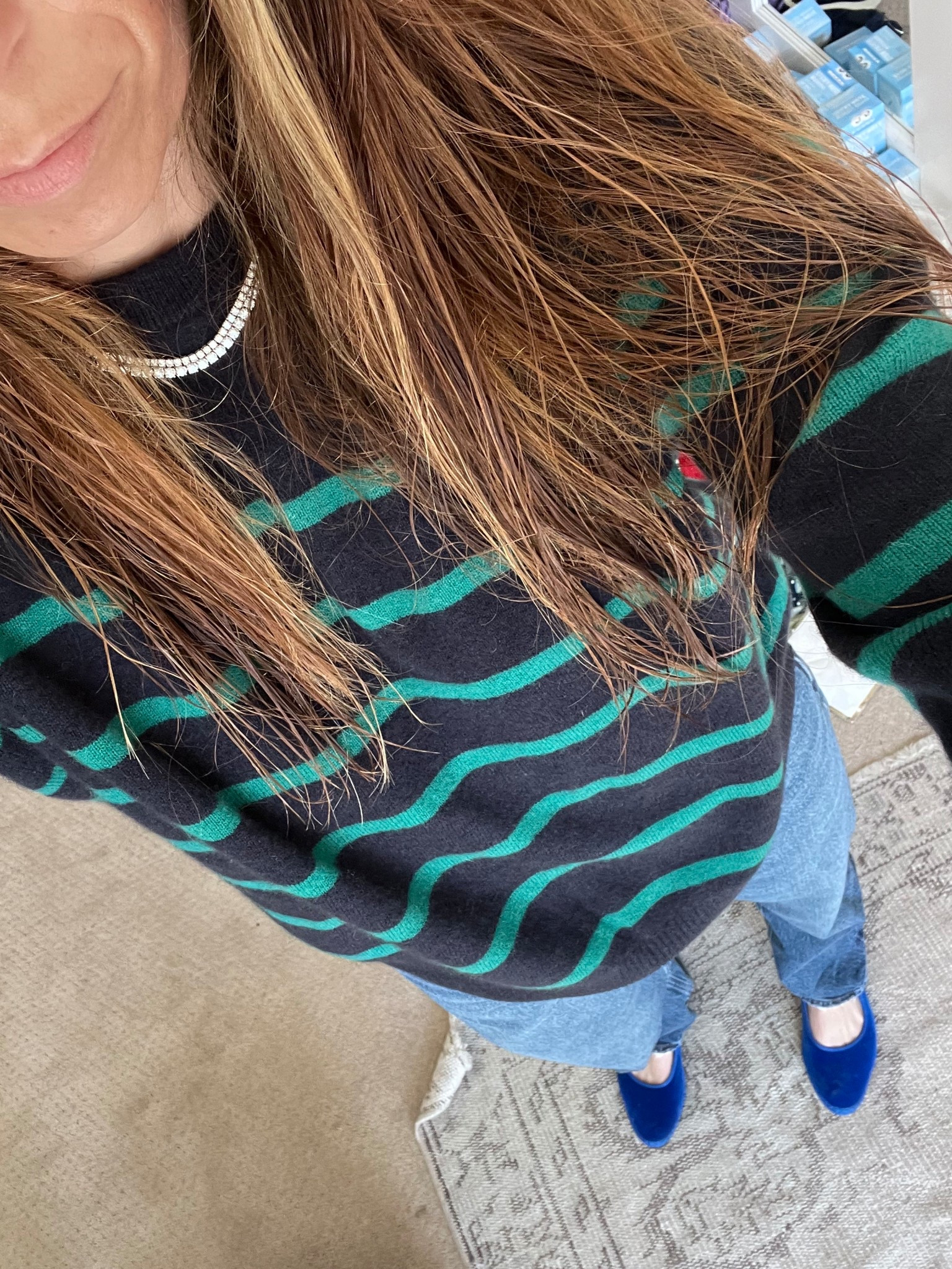 Cashmere sweater, striped cashmere, tennis necklace, 90s jeans, velvet flats, Mary Jane flats, mom style, cool girl style, cool girl aesthetic 

#LTKOver40 #LTKgrwm #LTKdayinmylife
